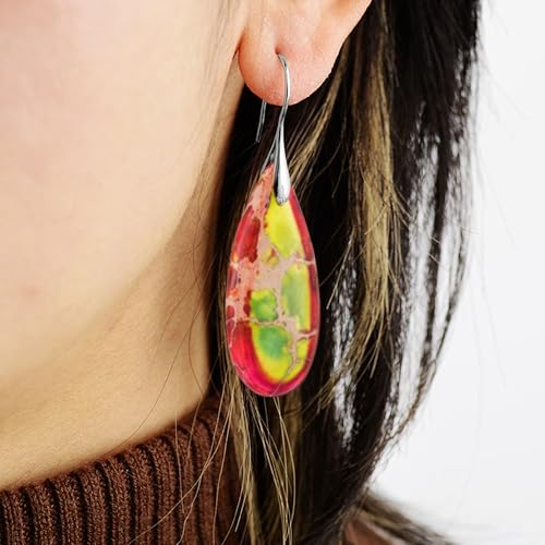 SELOVO Stone Fishhook Dangle Drop Earrings Statement Earrings for Women Stone - color: Red&Yellow green-Silver Color Hook