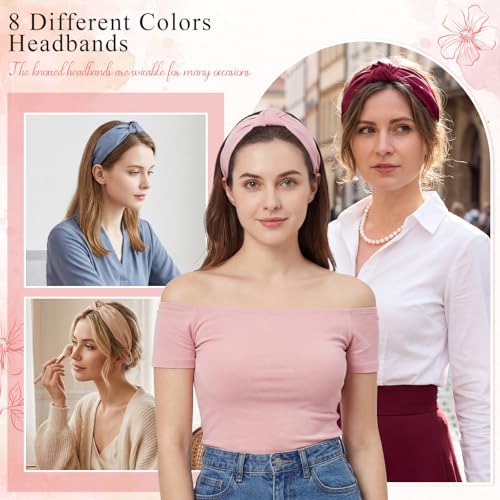 obeoby 8Pcs Knotted Headbands, Non-Slip Fashion Women's Hairbands Teacher Headbands for Women Hair Accessories Gifts for Grandma(Dark Series) - color: black, burgundy, brick red, yellow, blue, pink, khaki, beige