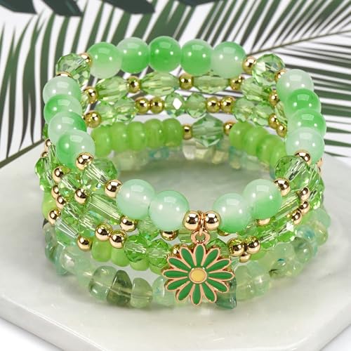 coadipress 5Pcs Bohemian Flower Stackable Bead Bracelets for Women Multilayer Crystal Glass Beaded Charm Bangles Bracelet Boho Summer Beach Hawaii Holiday Statement Jewelry - color: Green