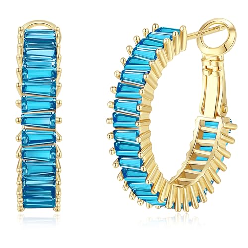 Trendy 14K Gold Plated Hoop Earrings for Women, Chunky Gold/Silver Earrings for Women Cubic Zirconia Baguette Hoop Earrings Heart Hoops Lightweight Hypoallergenic Jewelry,25mm/35mm/40mm/50mm - color: 01 Gold Aquamarine 25mm