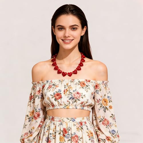 YUJIE Amber Acrylic Heart Choker Necklace for Women Vintage Punk Chunky Necklace Trendy Fashion Accessory - color: red