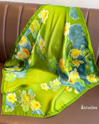 Saiusloa Neck Scarf For Womens Silky Head Scarves Hair Bandanas Square Scarf Fashion Accessories lightweight - color: 13-green Lotus Pond
