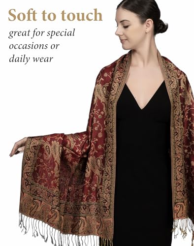 Achillea Reversible Paisley Pashmina Rave Scarf – Exotic Indian Shawls and Wraps for Evening Dresses, Festivals, All Seasons - color: Burgundy