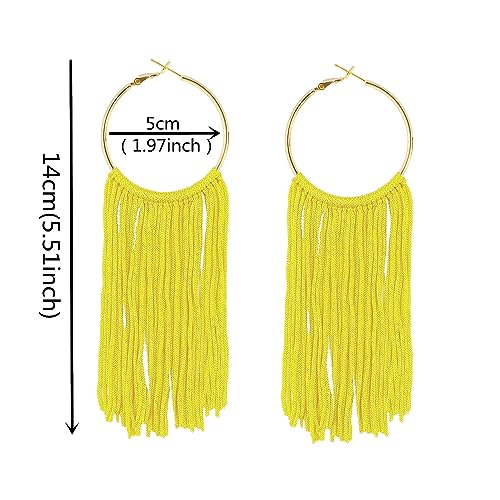 Boho Long Tassel Dangle Earrings for Women Lightweight Circle Hoop Silky Thread Fringe Drop Statemen Earrings - color: yellow