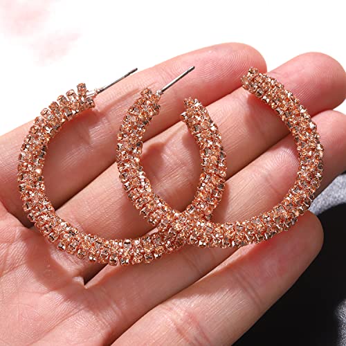 Rhinestone Hoop Earring for Women Sparkly Crystal Wrapped Hoop Dangle Earrings Statement Boho Gold Black Plated CZ Hoop Earring - color: D: pink crystal
