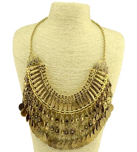 Vintage Tassel Coin Collar Bib Statement Necklace for Women Men Ancient Gold Silver Retro Engraved Exaggerated Short Chunky Boho Choker Ethnic Gypsy Tribal Clavicle Chain Pendant Costume Party Jewelry - color: Ancient Gold