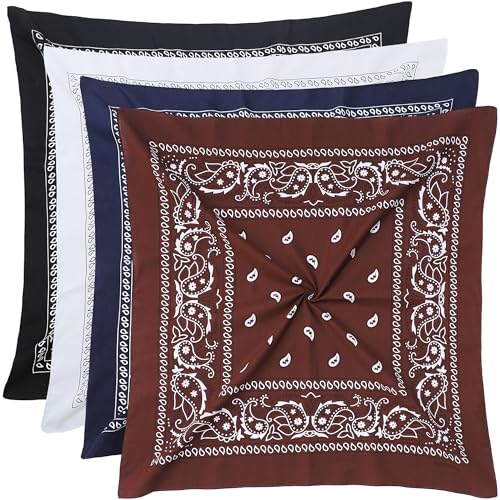 Mochabao 100% Cotton 27" x 27" Large Bandanas for Men & Women, Multi-Purpose Bandana Headbands, Square Head Scarf - color: White/Black/Navy Blue/Brown