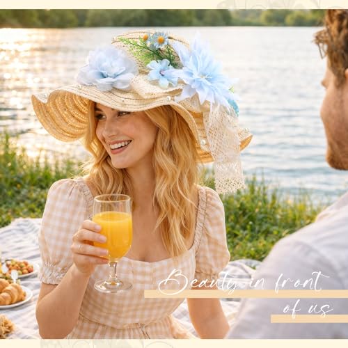 6 Sets DIY Tea Party Straw Hats Kit DIY Straw Hat for Women Blank Sun Hats - style: Vivid Flower
