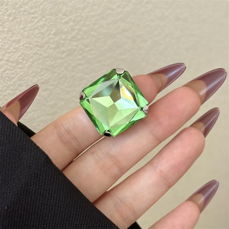 Square Large Rhinestone Exaggerated Statement Ring for Women Sparkling Thick Chunky Geometric Big Crystal Stone Finger Knuckle Band Rings Open Adjustable Wedding Brides Cocktail Prom Party Jewelry - color: Green
