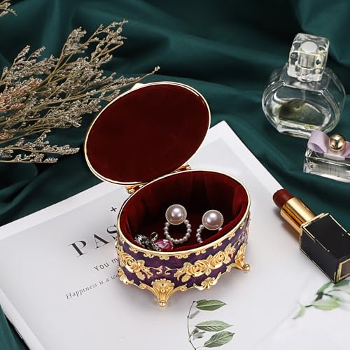 Hipiwe Vintage Oval Jewelry Storage Box Metal Trinket Organizer Purple Treasure Chest Box for Earring Necklace Ring Holder Gift for Women - color: Purple