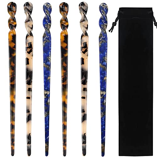 6 Pieces Acetate Hair Sticks - Tortoiseshell and Leopard Print Hairpin Chopsticks for Buns, Long Hair Accessories with Flannel Bag for Women Girls - color: Elegant Pattern