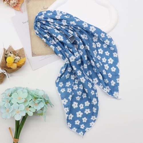 Bandanas for Women Men 21"x21" Floral Headband Scarf Versatile Hair Bandana Square Head Scarf - color: White Flowers in Sky Blue