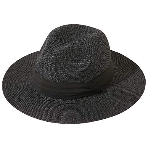 Lanzom Women Wide Brim Straw Panama Roll up Hat Fedora Beach Sun Hat UPF50+ - color: 02-fold Belt Black, size: One Size-Small