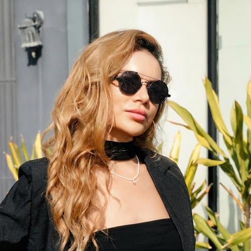 FEISEDY Aviator Sunglasses for Men Women, Retro Steampunk Gothic Round Metal Frame Hippie Glasses B2351 - color: Black Frame With Gray Lenses and Black Temples