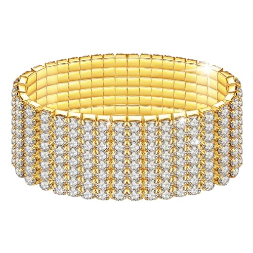 Kucheed Rhinestone Stretch Bracelets, Twinkle Diamond Tennis Bangle, Silver Crystal Sparkling Bridal Stackable Bracelet Jewelry, Bling Shining Wedding Party Elastic Band Bracelet for Women - color: Gold - 8 Rows
