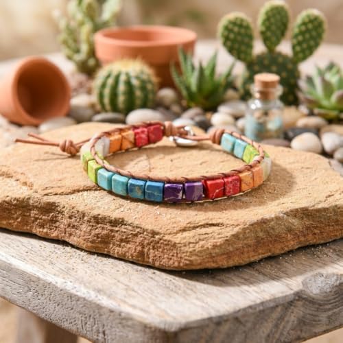 YGLINE Boho Handmade Wrap Leather Tube Crystal Stone Bracelet for Women - color: Chakra Cube 2