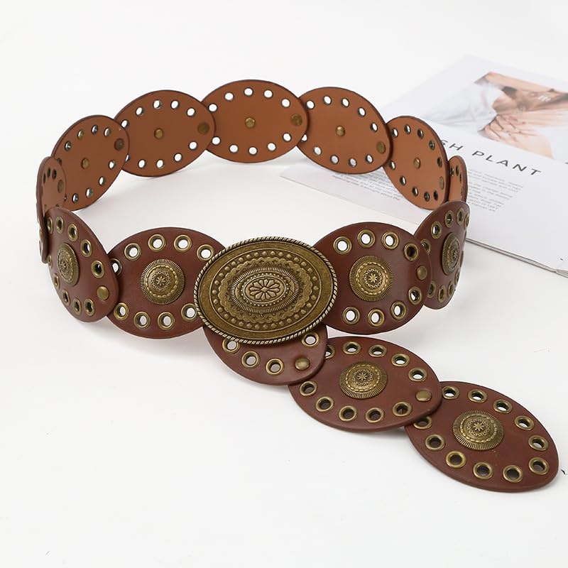 Wide Western Cowboy Disc Belt for Woman Concho PU Leather Belts for Ladies Boho Country Waist Belts for Dress Jeans - color: Brown