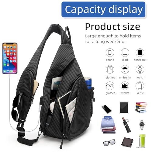 TurnWay Water-Proof Sling bag/Crossbody Backpack/Shoulder Bag with USB Charging Port for Travel, Hiking, Cycling, Camping - color: Black Grid