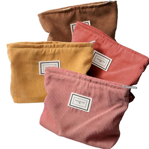 Sanwuta 4 Pack Velvet Makeup Bag Cosmetic Bag for Women Large Capacity Corduroy Pouch Zipper Canvas Travel Toiletry Purse Make up Organizer Case Accessories(Yellow Brown Series,Plaid) - color: Yellow Brown Series