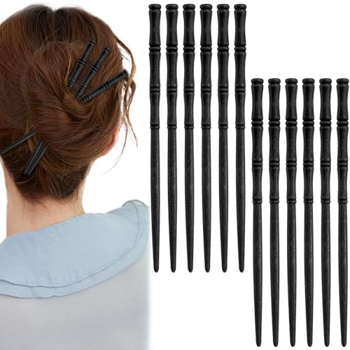 12 Pcs Vintage Wood Hair Sticks Bamboo Shape Hair Chopsticks Japanese Chinese Hairpin Decorative Retro Hair Forks Hanfu Pins Bun Holders for Long Hair Women (Black) - color: Black