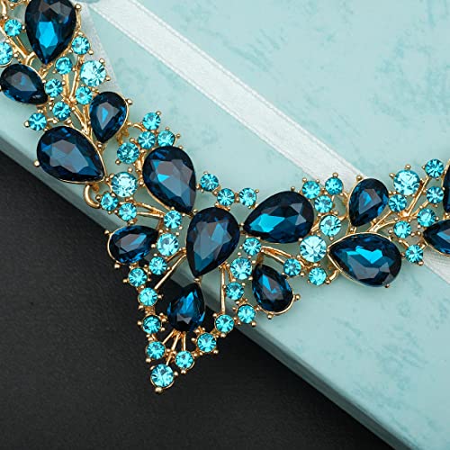 CSY 4 Pcs/Set Austrian Crystal Necklace Earrings Bracelet Ring Bridal Jewelry Sets for Brides Wedding Party Costume Accessories Gifts for Women - color: 02-gold plated-aquamarine