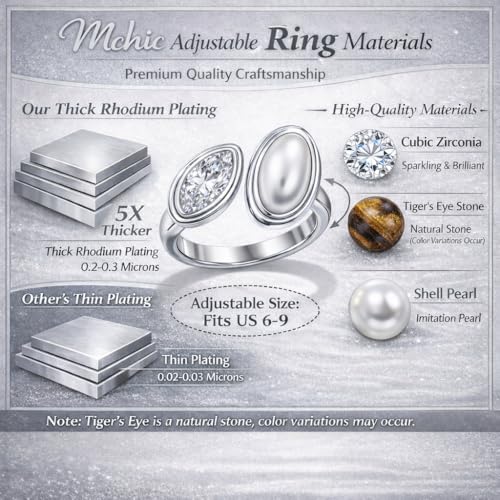 Mchic Adjustable Chunky Rings for Women: Dainty Natural Gemstone Ring Stainless Steel 18K Gold/Silver Plated Band Rings Non Tarnish Waterproof Statement Fashion Jewelry Gift for Women - color: Silver+Mother Pearl+Cubic Zirconia