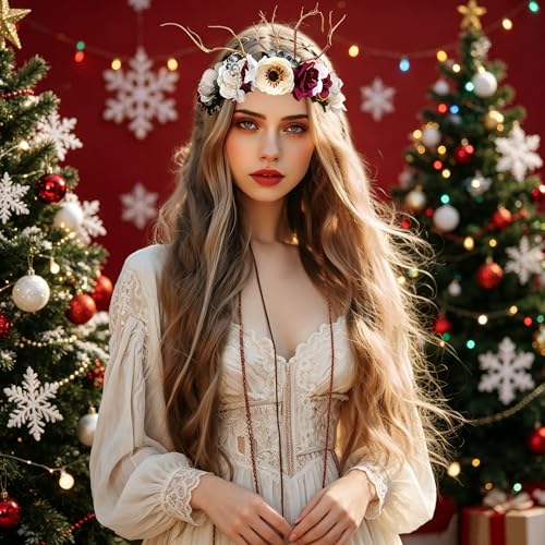 Vivivalue Deer Flower Crown Women Flower Headband Hair Wreath Floral Headpiece Halo Boho with Ribbon Wedding Party Prom Photos - color: Z