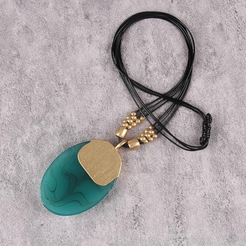 GelConnie Long Necklaces for Women Boho Large Pendant Necklace Casual Bohemian Brown Leather Choker Sweater Circle Statement Stone Necklace - style: Oval Green Stone Necklace