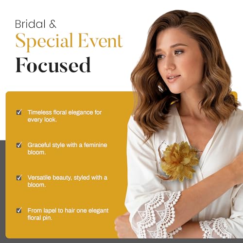4.72 Inches Elegant Hair Clip Large Flower Brooches for Women | Flower Mesh Feathers Headwear Hair Clips for Wedding | Ponytail Holder & Floral Pins for Clothes Must Have in Fashion Dress Accessories - color: Golden Yellow