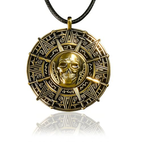 Pirate Coin Necklace, Double-Sided Antique Brass Pirate Accessories, Skull Necklace for Men Women and Kids, Halloween Costume Accessories for Pirate Party Cosplay, Halloween Dress Up Party Favors