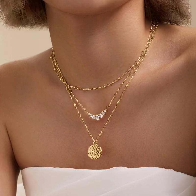 BBV Layered Gold Necklaces for Women Stackable Dainty 14K Gold Plated Silver Chain Necklace Layering Cute Fashion Pendant Choker Necklaces Trendy Jewelry Set Gifts for Women - color: golden, style: hammered texture round