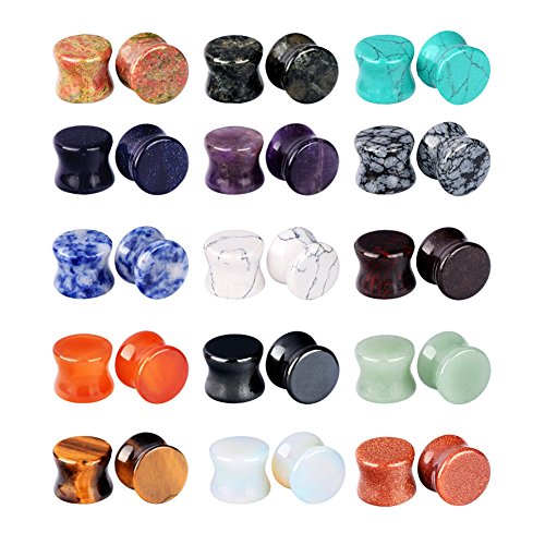 Longbeauty 20/30 Pcs Set Mixed Stone Saddle Double Flared Ear Tunnels Expander Plugs Stretcher 3MM-20MM - style: 15pairs, 8g(3mm)