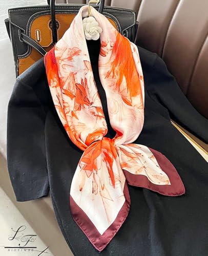 Hioyiwse Head Scarf For Women Hair Bandana 35" Large Square Satin Wrap Sleeping Neck Silk Satin Hair Scarves Lightweight - color: F28-orange Painting（35*35inch）