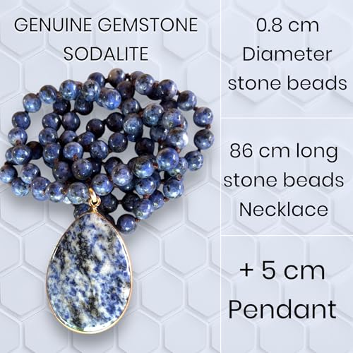Long Genuine Stone beads and Pendant Necklace for Woman. Hand Knotted natural stone beads with big non-precious stone statement necklace. HANDMADE Boho Jewelry for women. - color: Blue