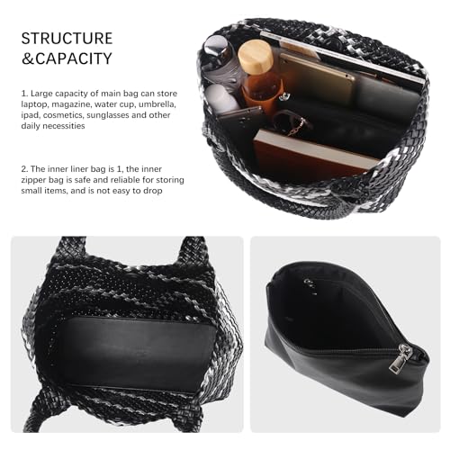 Woven Tote Bag Womens Purse Vegan Leather Shoulder Handbags Fashion Summer Beach Tote Bags Large Travel Totes - color: Black-s