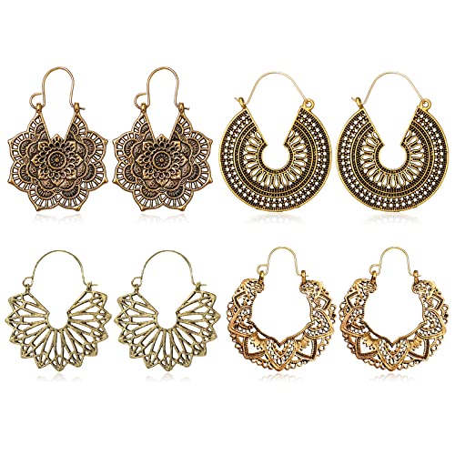 Boho Earrings for Women Trendy Gold Dangle Earrings Vintage Bohemian Indian Country Jewelry Gifts Boho Dress Chic Clothing - color: D1:4pairs boho earrings