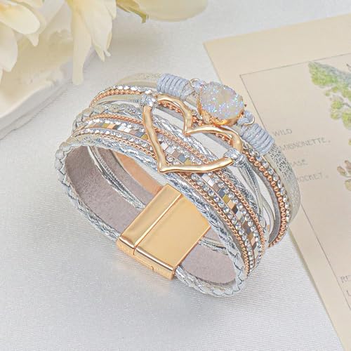 Leather Wrap Bracelet for Women, Boho Cuff Bracelet with Strong Clasp, Multi-Layer Crystal Leather Bracelet for Valentine Mother's Day - color: 01-Heart-Sliver with Gold Clasp