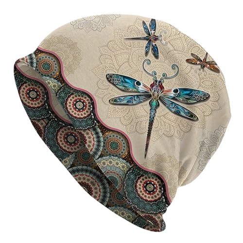 Tenna Teki Women Slouchy Beanie Chemo Hat Cancer Caps for Patient | Autumn Spring Lightweight Comfortable Breathable Beanie for Men - color: Dragonfly Mandala Beige