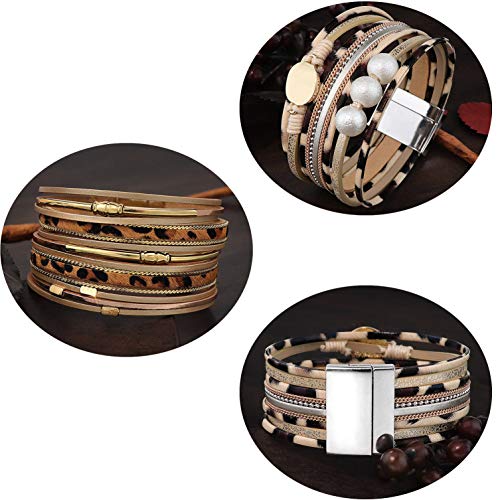 Wowanoo 3Pack Leather Cuff Bracelet Set Multilayer Wrap Bracelet Crystal Feather Tree Bracelet Magnetic Clasp Bracelet for Women - color: Leopard