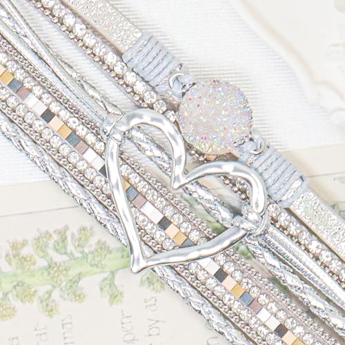 Leather Wrap Bracelet for Women, Boho Cuff Bracelet with Strong Clasp, Multi-Layer Crystal Leather Bracelet for Valentine Mother's Day - color: 01-Heart-Silver