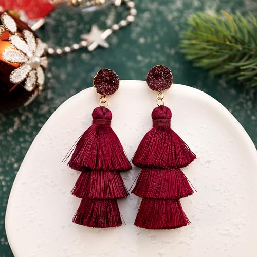 Me&Hz Colorful Layered Tassel Earrings Bohemian Statement Tiered Tassel Big Dangle Drop Earrings for Women Druzy Studs Valentine’s Day Gift - color: Burgundy