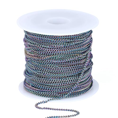 66FT Colorful Stainless Steel Curb Chains Roll, 1.5mm 304 Stainless Steel Multi Color Flat Twisted Links Curb Chains Bulk Spool for Jewelry Making DIY Craft - color: Colorful, size: 1.5mm width