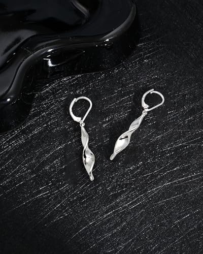 Silver Twisted Leverback Earrings for Women, Hypoallergenic Silver Spiral Drop Dangle Earrings for Women Statement Lightweight Leverback Dangling Jewelry Gifts