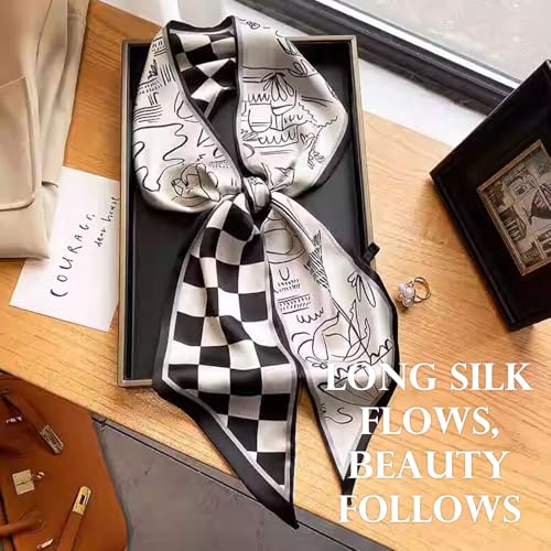 Sumolux Head Hair Scarf for Women Neck Purse Bag Handbags Scarf Like Silk - color: Black White Checkered Pattern
