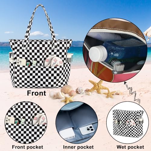 Bluboon Waterproof Beach Tote Pool Bags for Women Ladies Extra Large Carry On Bag With Wet Compartment for Weekender Travel - color: Checked Black White