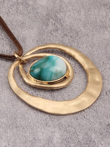 GelConnie Long Necklaces for Women Boho Large Pendant Necklace Casual Bohemian Brown Leather Choker Sweater Circle Statement Stone Necklace - style: Leather Cord Stone Necklace