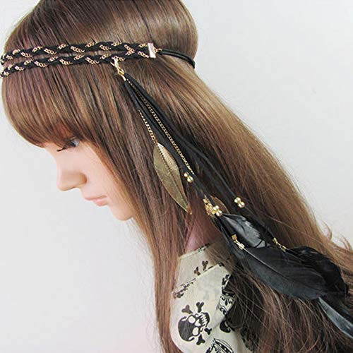 WLBON Halloween Boho Feather Headband Hippie Indian Leaf Hair Hoops Bands Tassel Bohemian Headpiece Hairband Women Xmas Wedding Festival Masquerade Cosplay Dress Up Birthday Party Accessories Black - color: Black Style