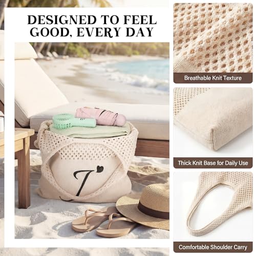 Shinylin Personalized Crochet Tote Bag for Beach Women Beige Mesh Knit Shoulder Bag Boho Aesthetic Tote for Women - style: Letter J