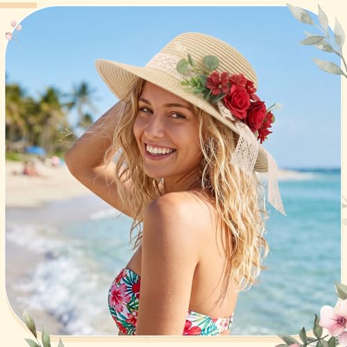 6 Sets DIY Tea Party Straw Hats Kit DIY Straw Hat for Women Blank Sun Hats - style: French Flat Brim