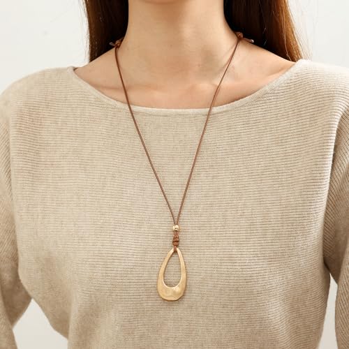 Brushed Gold Plated Classic Teardrop Pendant Long Necklace for Women, Adjustable Length Brown Wax Cord Sweater Chain Fashion Jewelry Gifts - color: Brushed Gold